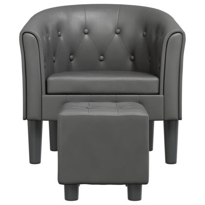 Объл фотьойл с табуретка за крака, сиво, изкуствена кожа