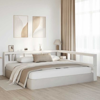 Табла за книги с L-образна, бяла, 200 см, масивно дърво бор