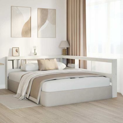 Табла за книги с L-образна, бяла, 150 см, масивно дърво бор