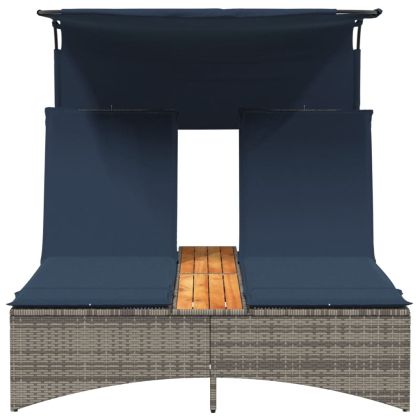 Двоен шезлонг със сенник и възглавници, сив, полиратан