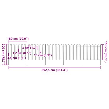 Градинска ограда с обръч връх, стомана, 892,5x150 см, черна