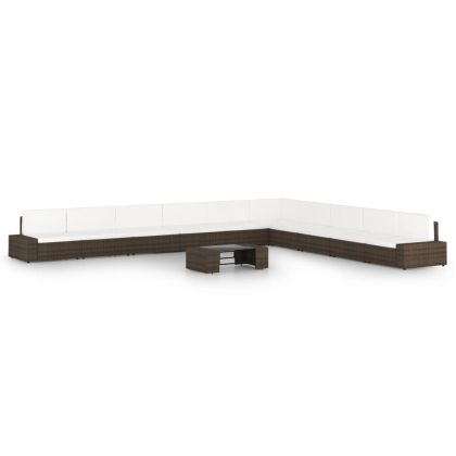 Градински комплект с възглавници, 11 части, кафяв полиратан