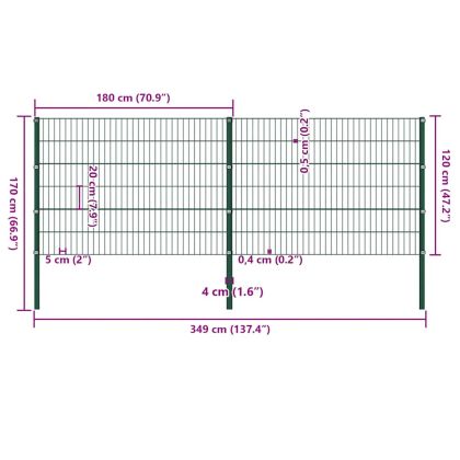 Ограден панел с железни стълбове 349x120 см, зелен