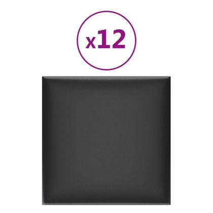 Стенни панели, 12 бр, черни, 30x30 см, изкуствена кожа, 1,08 м²