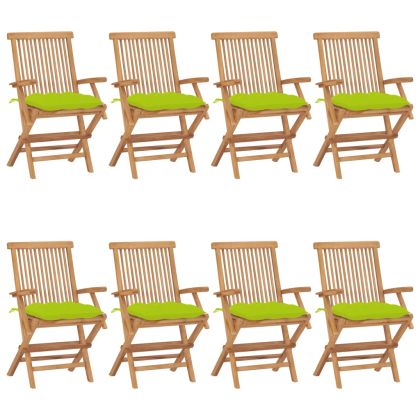Градински столове с яркозелени възглавници 8 бр тик масив