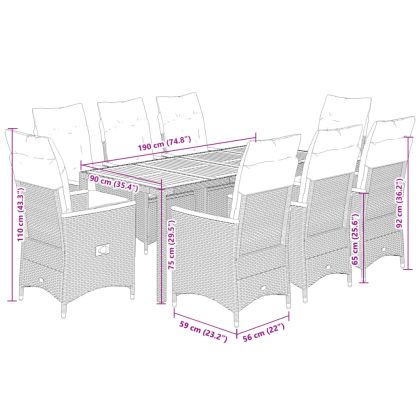 Градински трапезен комплект 9 части с възглавници сив полиратан