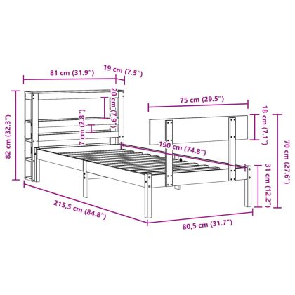 Рамка за легло без матрак, бял, 75x190 см, борово дърво масив