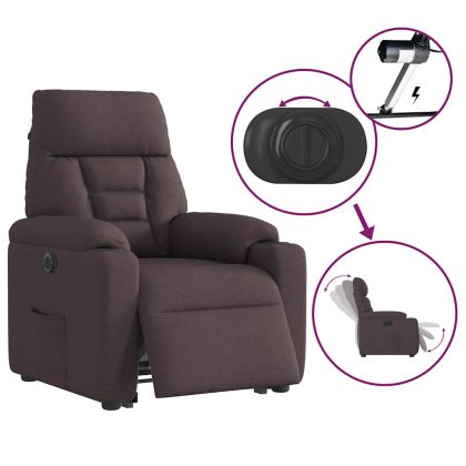 Електрически изправящ реклайнер стол, тъмнокафяв, текстил