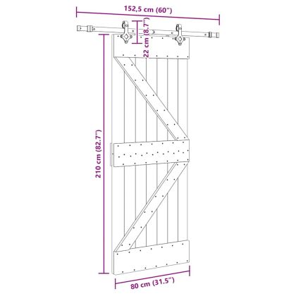 Плъзгаща врата с монтажни части, 80x210 см, борово дърво масив