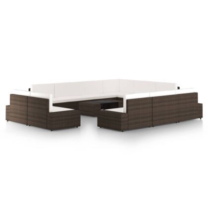 Градински комплект с възглавници, 12 части, кафяв полиратан