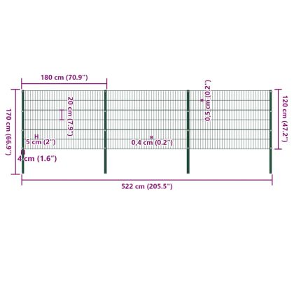 Ограден панел с железни стълбове, 522x120 см, зелен
