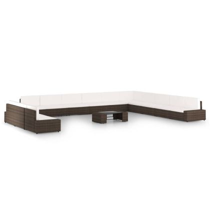 Градински комплект с възглавници, 14 части, кафяв полиратан