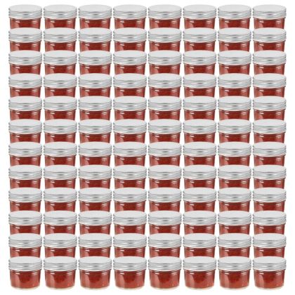 Стъклени буркани за сладко със сребристи капачки, 96 бр, 110 мл