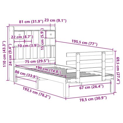 Легло с рафтове за книги, без матрак, 75x190 см, бор масив