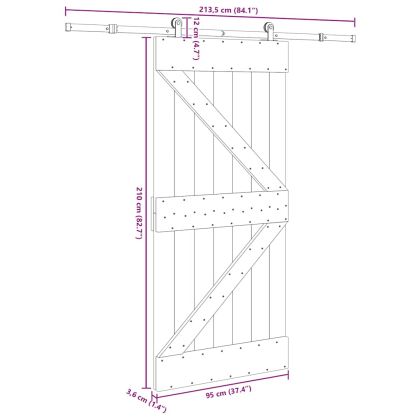 Плъзгаща врата с монтажни части, 95x210 см, борово дърво масив