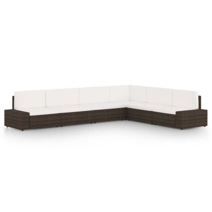 Градински комплект с възглавници, 6 части, кафяв полиратан