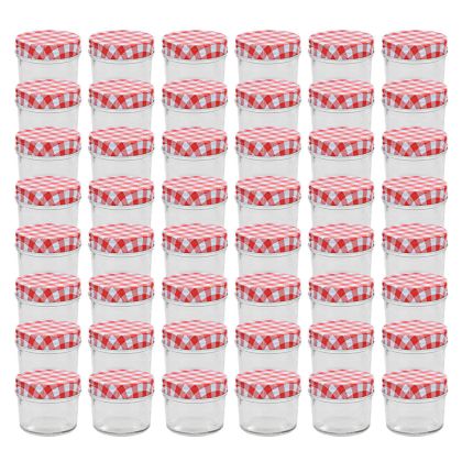 Стъклени буркани за сладко с бяло-червени капачки 48 бр 110 мл