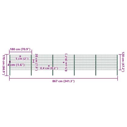 Ограден панел с железни стълбове, 867x120 см, зелен