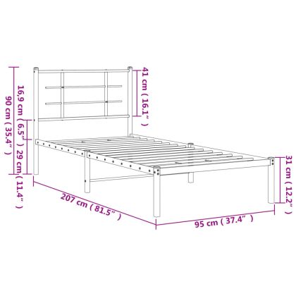 Метална рамка за легло с горна табла, черна, 90x200 см