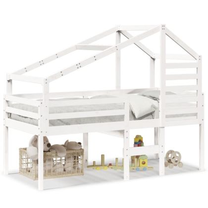 Високо легло с покрив, бяло, 75x190 см, борово дърво масив