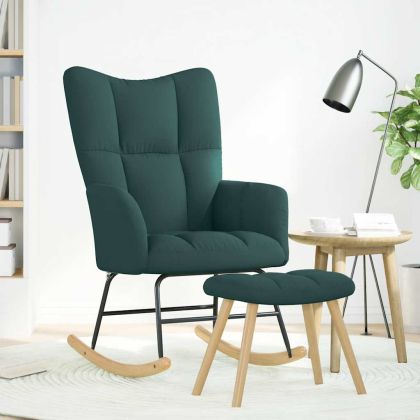 Люлеещ се стол с табуретка за крака, тъмнозелен, плат