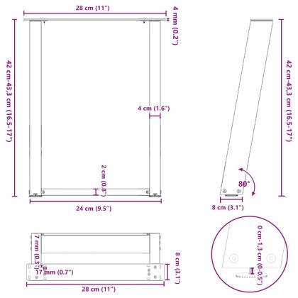 Крака за масичка за кафе, U-образни, 2 бр., естествена стомана, 28 x (42-43) см, стомана
