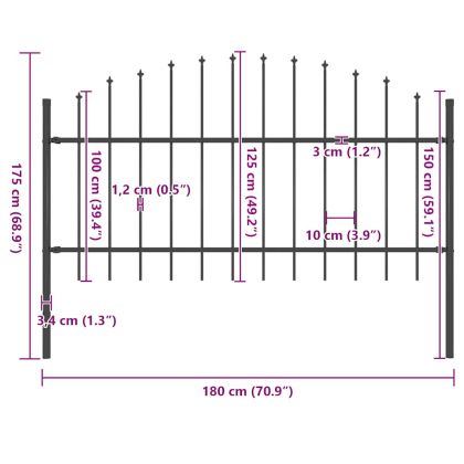 Градинска ограда с връх тип копие, стомана, 181x125 см, черна