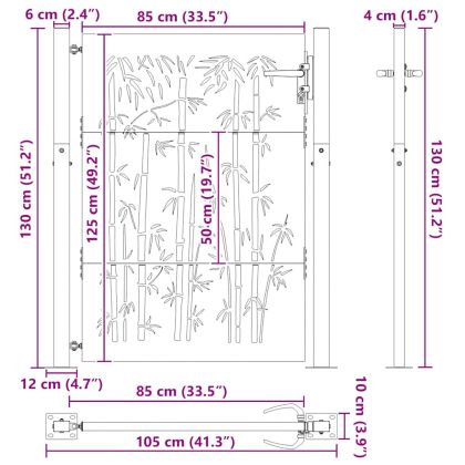 Градинска порта 100x125 см, кортенова стомана, дизайн от бамбук