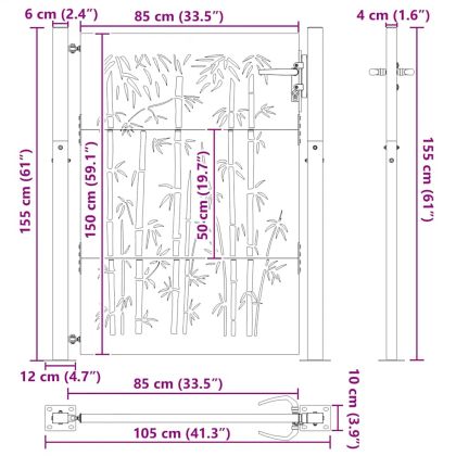Градинска порта 100x150 см, кортенова стомана, дизайн от бамбук