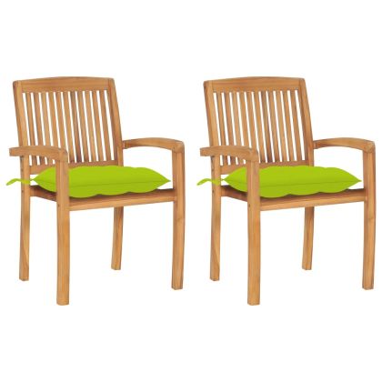 Градински столове, 2 бр, яркозелени възглавници, тик масив