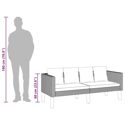 2-местен градински диван с възглавници, полиратан, черен