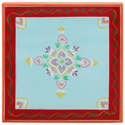 Маса за кафе, синя, ръчно рисувана, мангово дърво масив