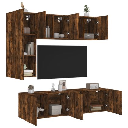 ТВ стенни модули, 5 части, опушен дъб, инженерно дърво