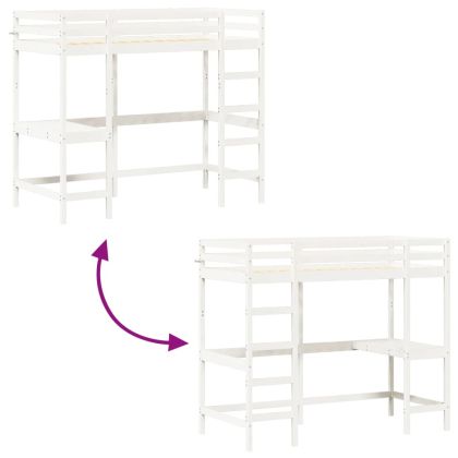 Таванско легло с бюро бяло 100x200 см масивна дървесина бор