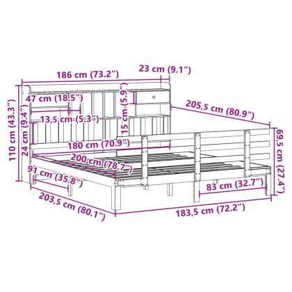 Легло с етажерка за книги, без матрак, 180x200 см, бор масив