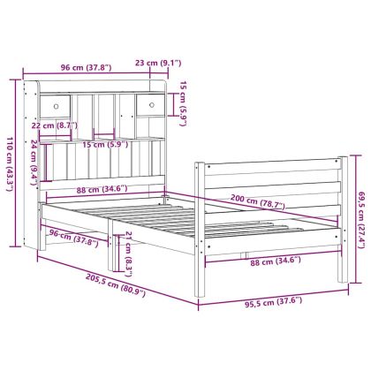 Легло с рафтове за книги, без матрак, 90x200 см, бор масив