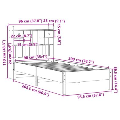 Легло с етажерка за книги, без матрак, 90x200 см, бор масив