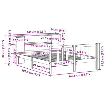 Легло с етажерка за книги, без матрак, 135x190 см, бор масив
