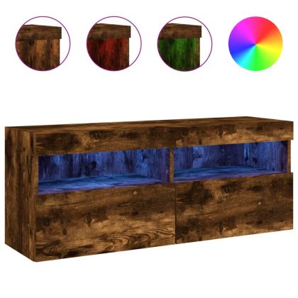 Стенен ТВ шкаф с LED осветление, опушен дъб, 100x30x40 см