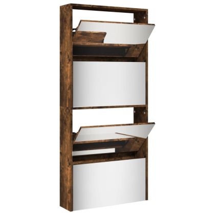 Шкаф за обувки с огледало, 4 нива, опушен дъб, 63x17x134 см