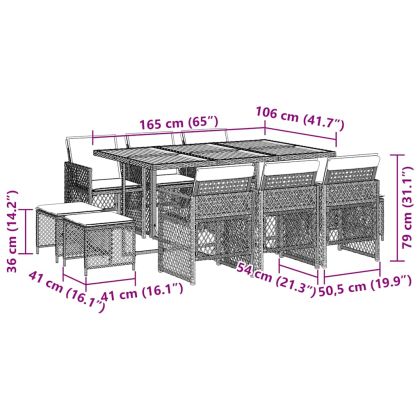 Градински комплект с възглавници, 11 части, бежов полиратан