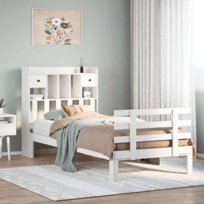 Легло с рафтове за книги, без матрак, бял, 90x190 см, бор масив