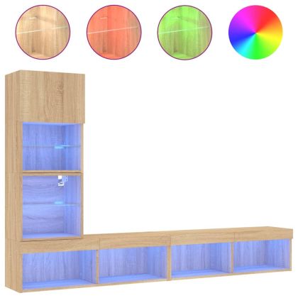 ТВ стенни модули с LED, 4 части, сонома дъб, инженерно дърво