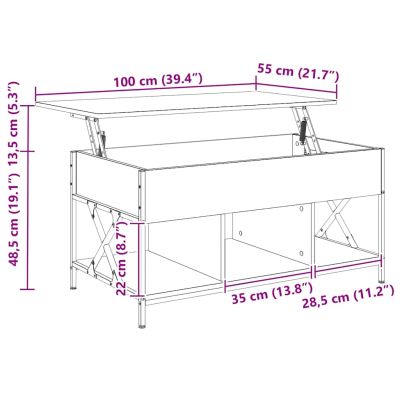 Кафе маса, опушен дъб, 100x55x50 см, инженерно дърво и метал