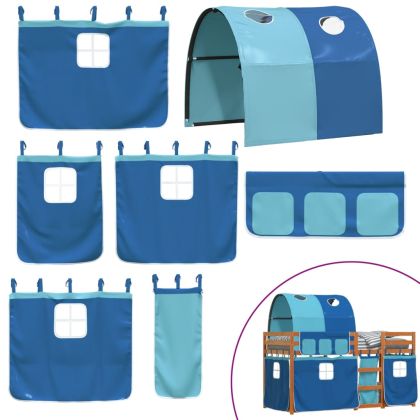 Двуетажно легло със завеси синьо 75x190 см масивно борово дърво