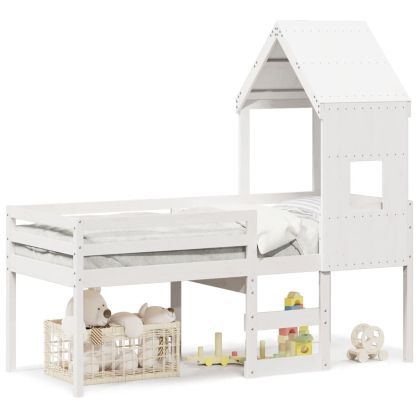 Високо легло с покрив, бяло, 90x200 см, борово дърво масив