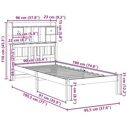 Легло с рафтове за книги, без матрак, 90x190 см, бор масив