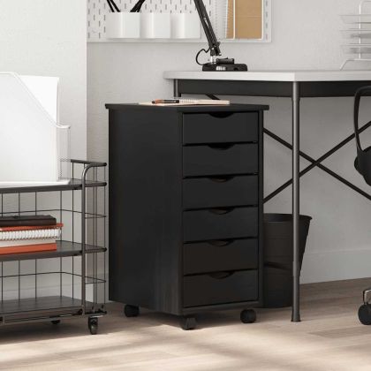 Подвижен шкаф с чекмеджета "MOSS" Черно масивно дърво бор