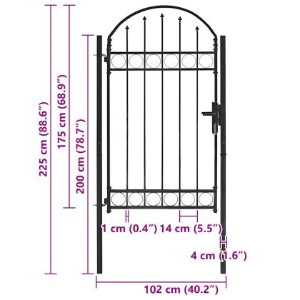 Оградна порта с арковиден връх, стомана, 104x175 см, черна