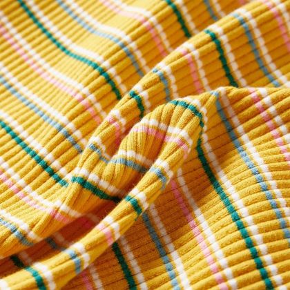 Детска тениска с дълги ръкави, ниска яка, раирана, охра, 92